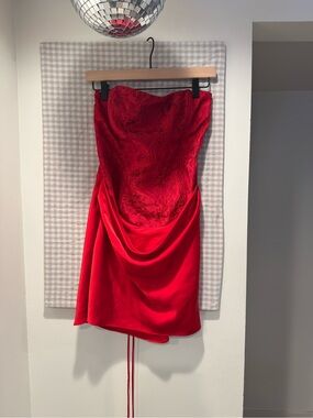 Princess Polly Red Lace & Satin Strapless Cocktail Dress
